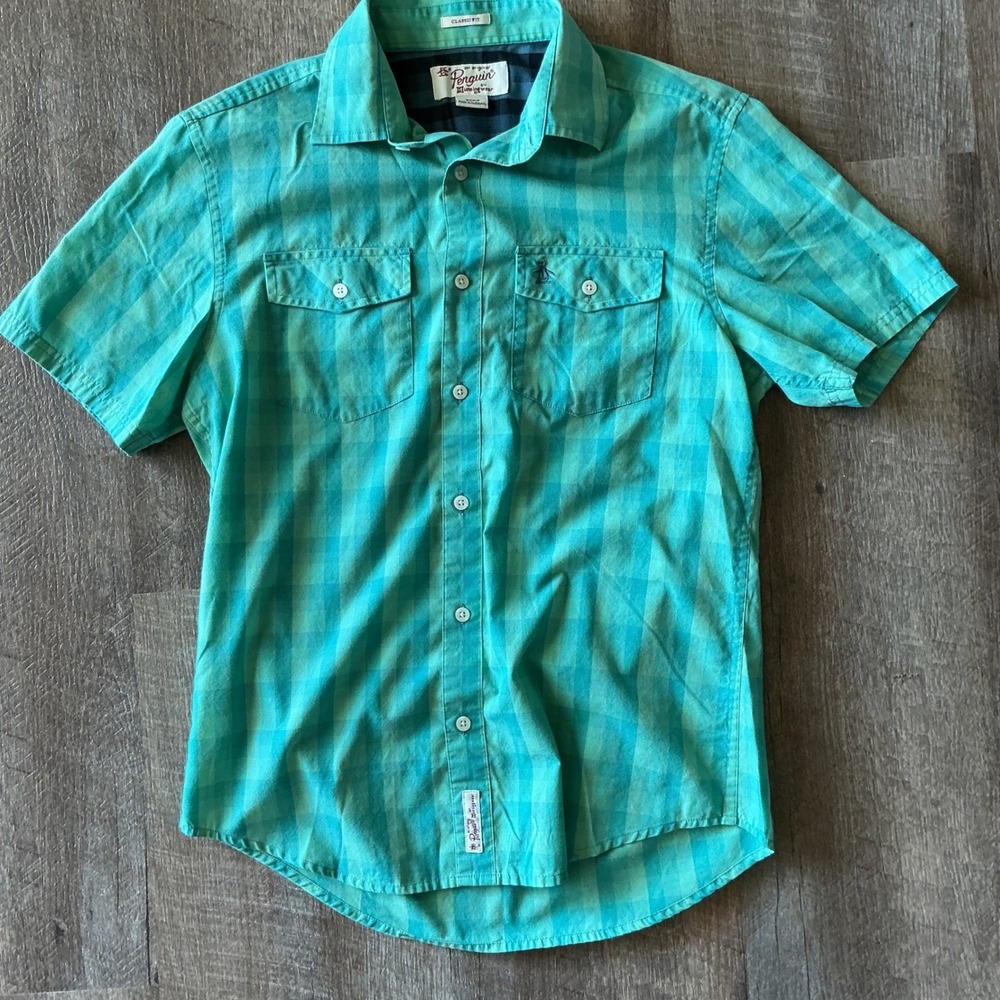 Penguin Munsingwear Mens Teal Green Plaid Short Sleeve Button Down Shirt Small